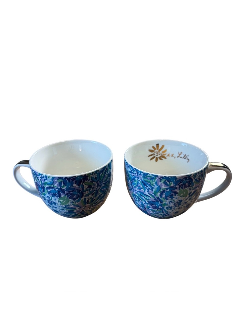 Lilly Pulitzer 12 Ounce Blue Ceramic Coffee / Tea Cup Mug Gold Handle Set Of 2